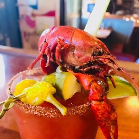 bloody mary with crawfish on top at hill top cafe in fredericksburg texas