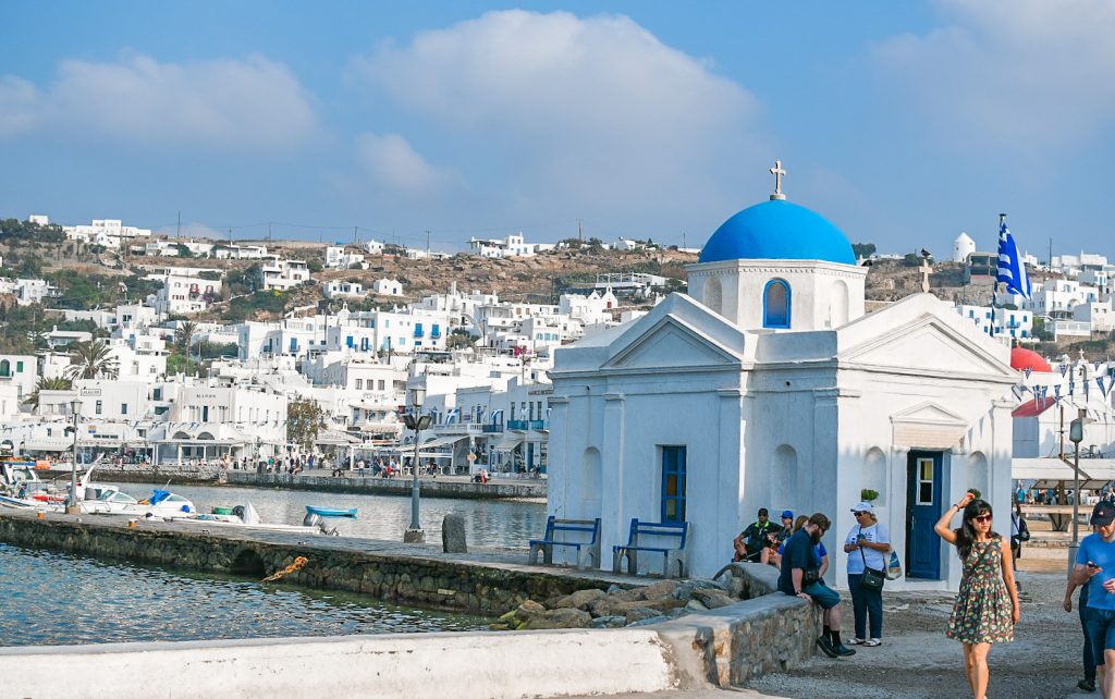 agios nikolakis church in mykonos greece, best churches in mykonos, agios nikolakis church near the port in mykonos town with blue dome