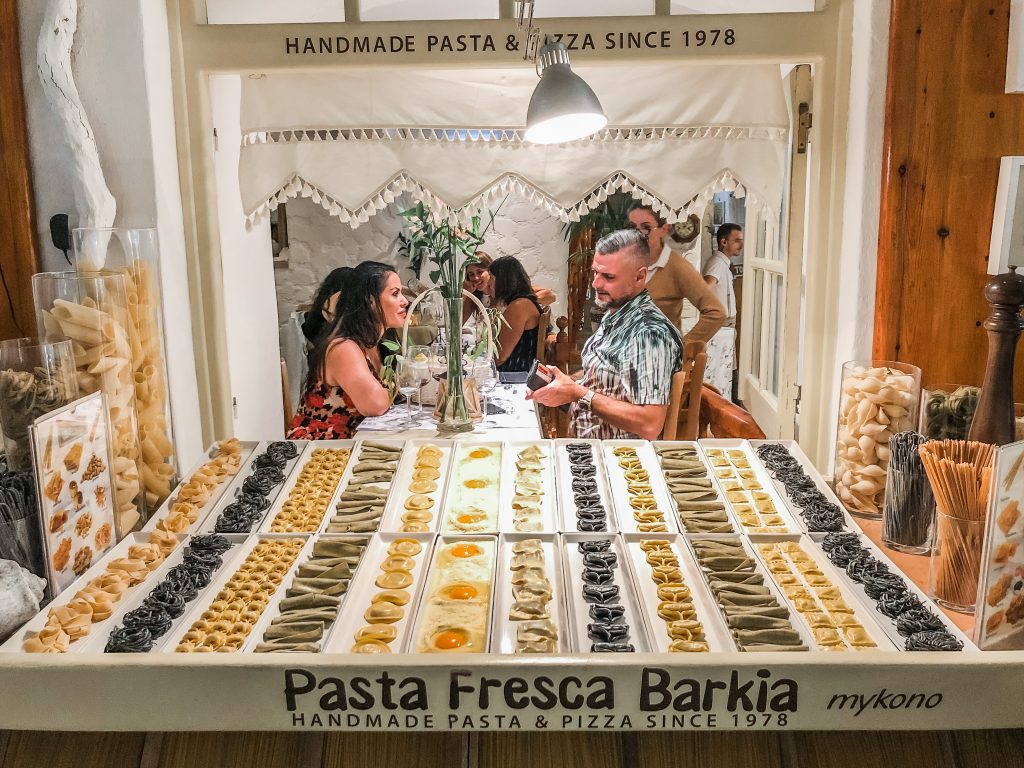 display of fresh, handmade pasta at pasta fresca barkia in mykonos, best restaurants in mykonos