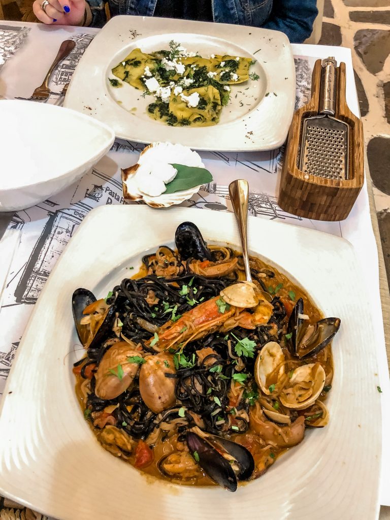 squid ink seafood pasta at pasta fresca barkia mykonos greece, best restaurants in mykonos greece, best things to do in mykonos