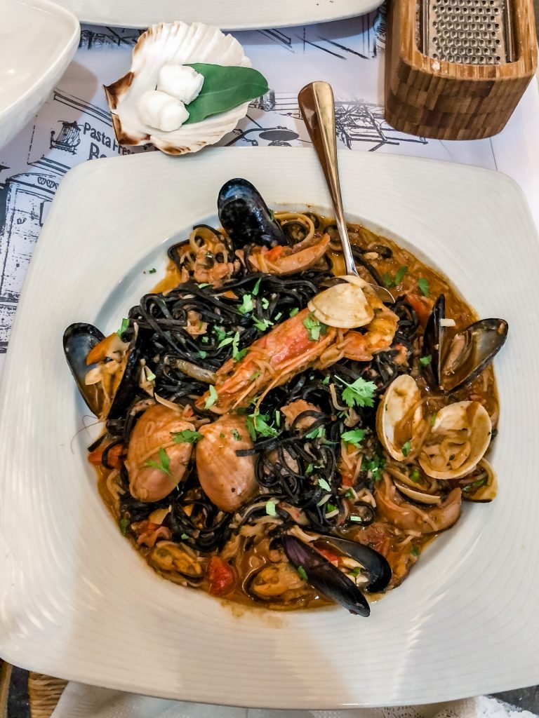 squid ink seafood pasta at pasta fresca barkia mykonos greece, best restaurants in mykonos greece, best things to do in mykonos