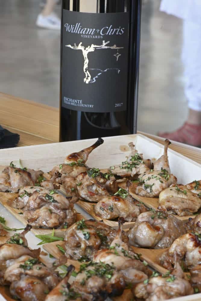 William Chris Vineyards Enchanté 2017 texas hill country wine paired with quail legs, will chris vineyards in fredericksburg texas