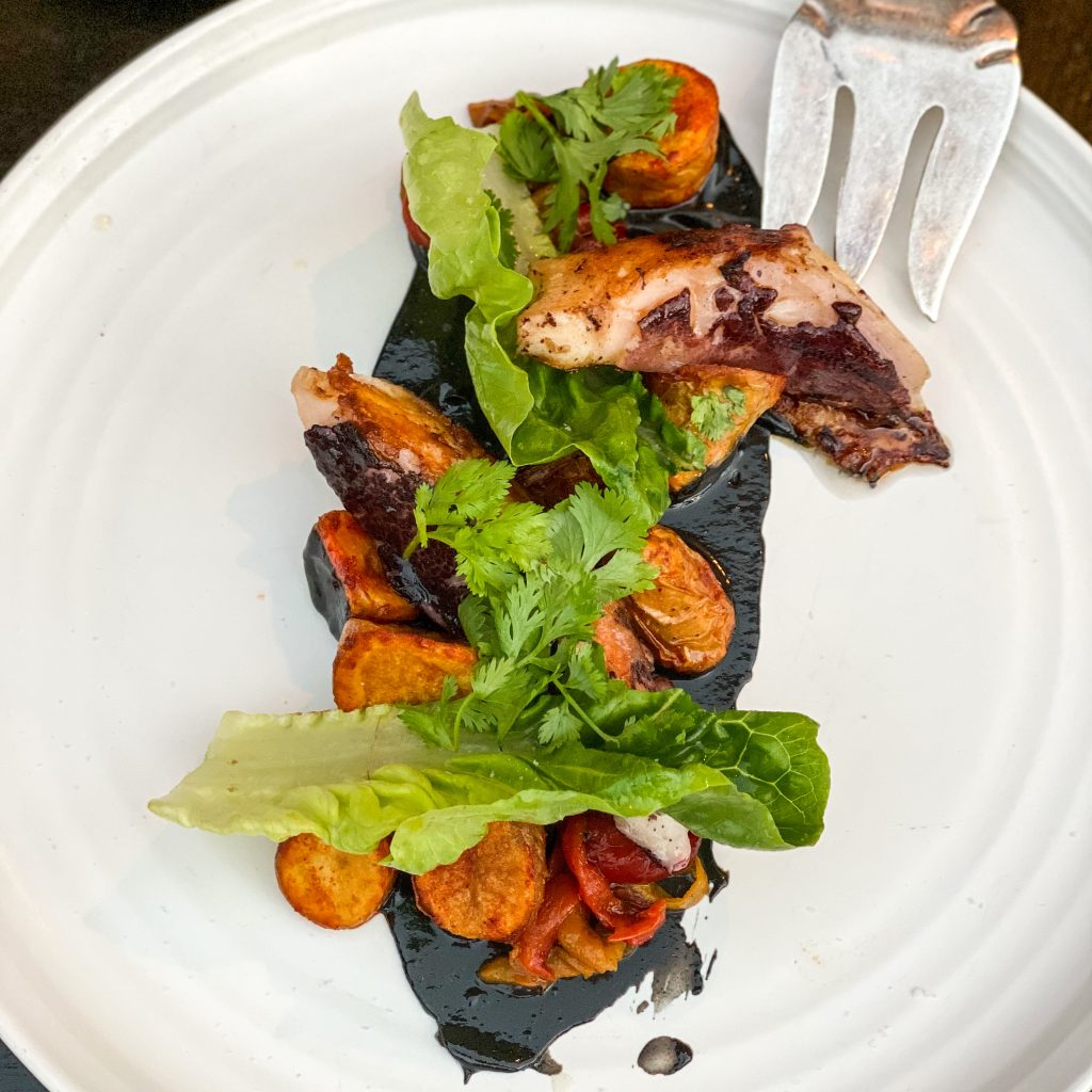 Spanish Octopus "A La Plancha" at The Lark restaurant in Santa Barbara. Best restaurants in Santa Barbara. Best dinner in Santa Barbara. Where to eat dinner in Santa Barbara. Santa Barbara Funk Zone Restaurants.