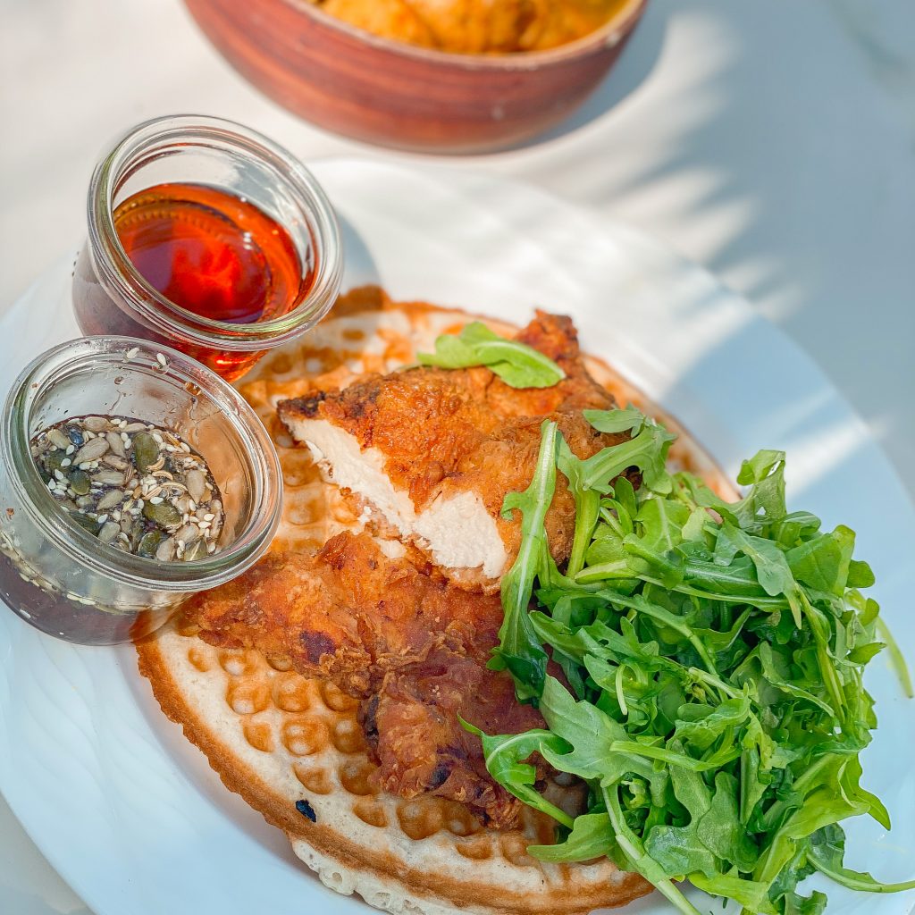 Fried chicken and waffles at The Goat Tree Restaurant at Hotel Californian in Santa Barbara. Best Restaurants in Santa Barbara. Things to do in Santa Barbara.