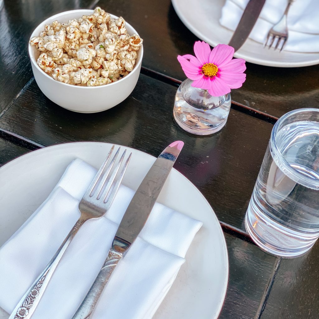 Complimentary popcorn at The Lark restaurant in Santa Barbara. Best restaurants in Santa Barbara. Best dinner in Santa Barbara. Where to eat dinner in Santa Barbara. Santa Barbara Funk Zone Restaurants.